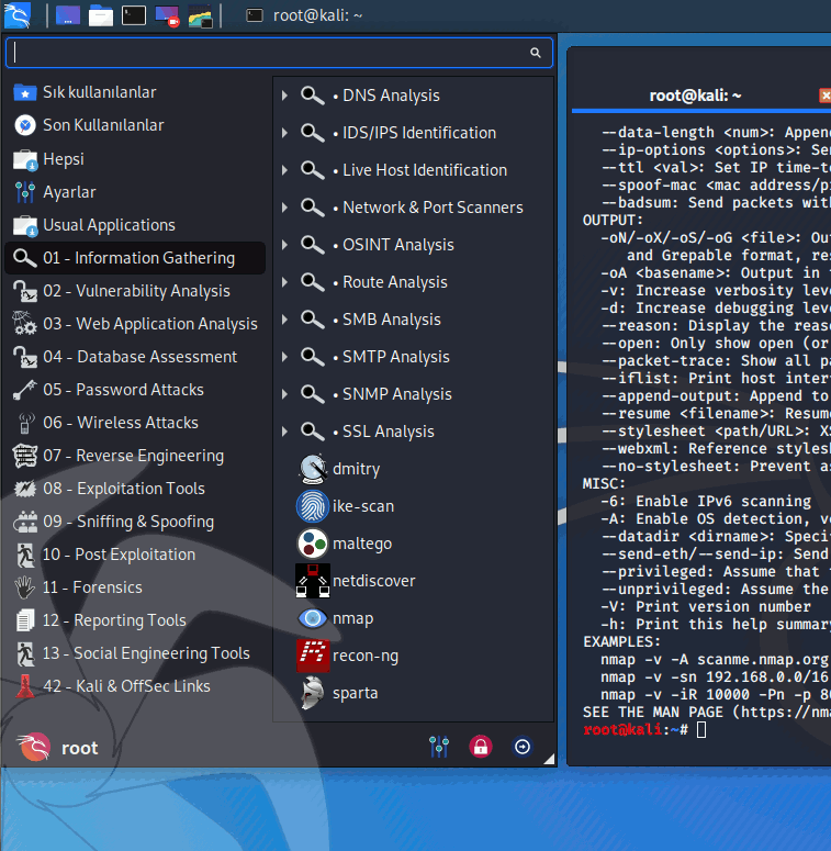 Kali Linux menu - Xfce