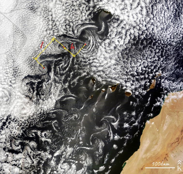 Kuzeybatı Afrika açıklarında Poyraz etkisinde oluşmuş bulut girdap yolları